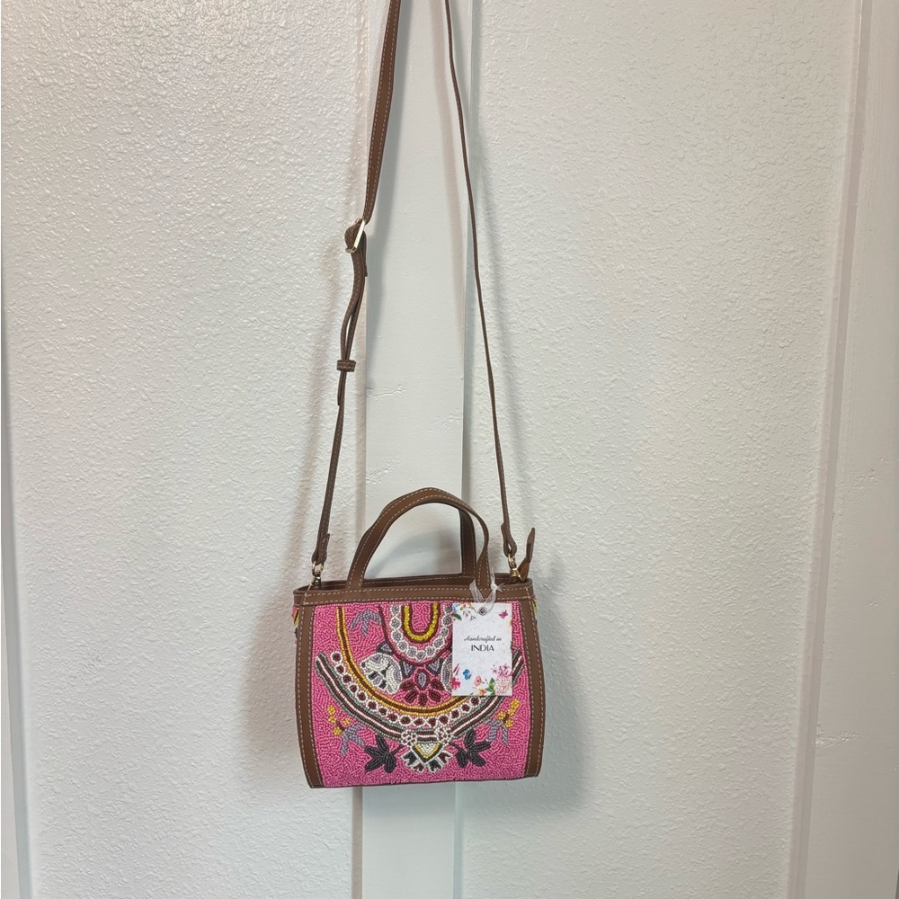 NWT Anthropologie Crossbody Bag Pink and Brown with Boho Embroidery - Picture 8 of 11